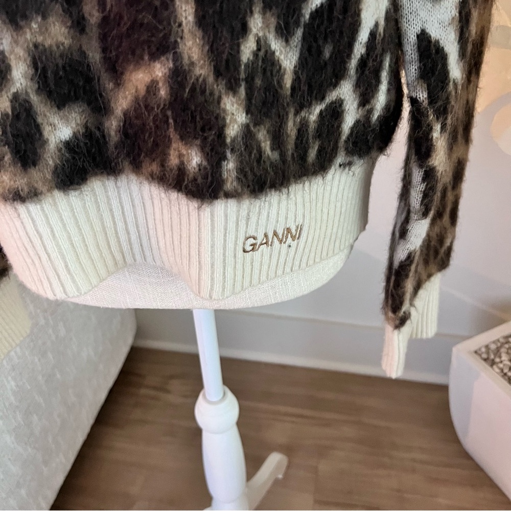 Ganni Leopard Print Crew Neck Sweater - Brown and Cream - Picture 6 of 9